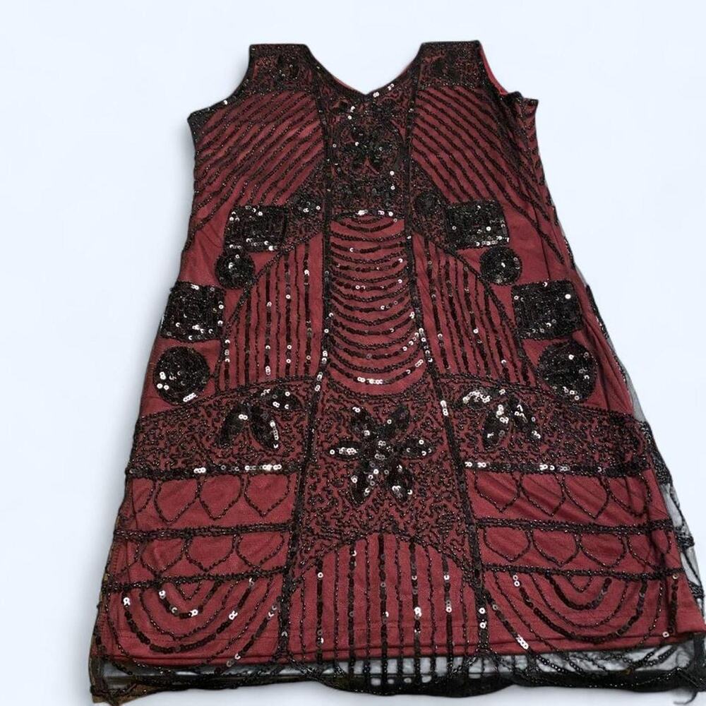 Burgundy/Oxblood Shift Dress with Black Lace, Sequins and Bead Work